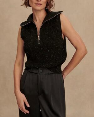 NWT Varley Amina Half-Zip Ribbed Sleeveless Knit Sweater Vest Fall Black Small